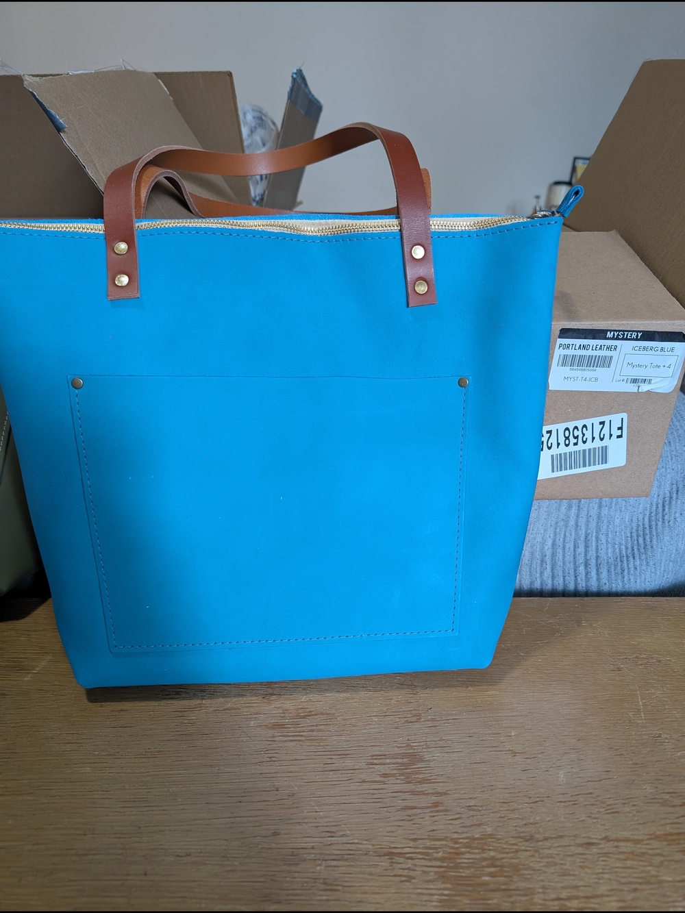 Portland Leather Iceberg Blue Med Zip Tote Bag with Tan Leather Handles